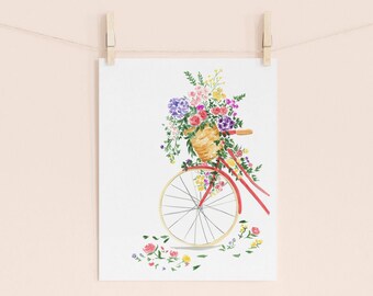 Vintage Coral bicycle art print, bike wall art, floral art print, spring wall decor