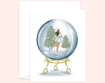 Fashion Greeting Card - Snow Globe Skater Holiday Card, fashion illustration, Christmas Card, holiday, seasons greetings