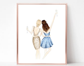 Semi Personalized BFF Fashion Art Print (cheers Duo!) Select Hair