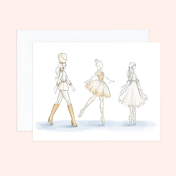 The Nutcracker Ballet Christmas Greeting Card - Ballet Holiday Card, fashion illustration, Clara, soldier,