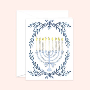 Biglietto di auguri per Hanukkah, biglietto per la Menorah, biglietto per la festa ebraica, biglietto con acquerello
