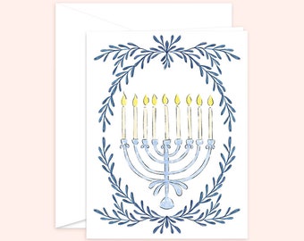 Carte Happy Hanukkah, carte Menorah, carte de vacances juives, carte d'art aquarelle