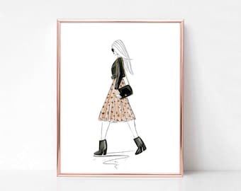 Fall Fashion Girl Leopard Print (Fashion Illustration Art Print) (Autumn Wall Decor) Painting, Illustration, Gouache