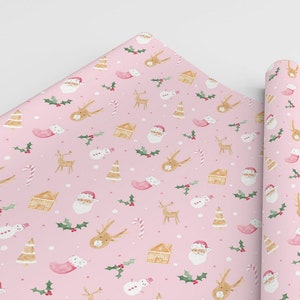 Pink Christmas Wrapping Paper 3 Sheets, cute Santa reindeer Pink Christmas Gift Wrap 19x28 inches