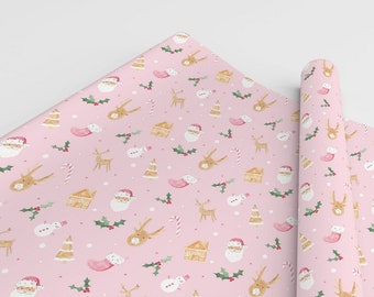 Pink Christmas Wrapping Paper 3 Sheets, cute Santa reindeer Pink Christmas Gift Wrap 19x28 inches