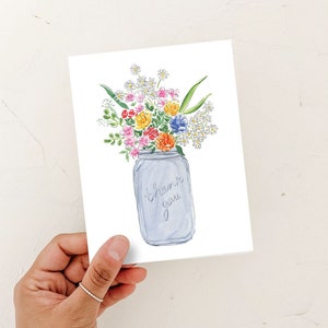 Thank You Greeting Card, Flower Card, Blank Flower mason jar wild flowers, thank you card, Greeting Card,