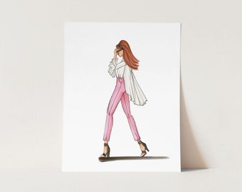 Fashion Illustration Art Print, Select Hair Color and Skin Tone, Fashion Girl Wall Decor, Pink and White Runway Girl Sketch