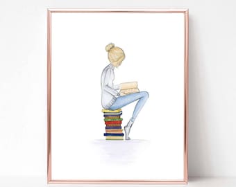 Hair options available : Just a girl and her books-hair bun, girl sitting on books, fashion illustration print, book worm, bookworm