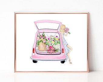 Personalized Pink Spring fashion art print featuring Beetle car with flowers bouquets, illustration drawing