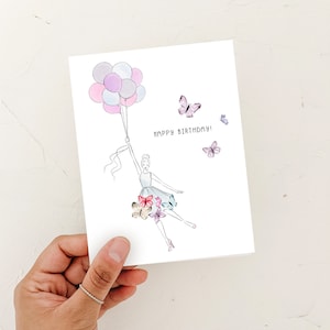 Verjaardag meisje kaart mode-illustratie, ballonnen en vlinders, gelukkige verjaardag meisje, verjaardagskaart voor vriend, meisje, mode-illustratie