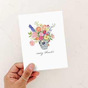 Carte de remerciement, carte de voeux de grand merci, carte de remerciement avec fleurs, bouquet de fleurs vase chinoiserie, carte aquarelle