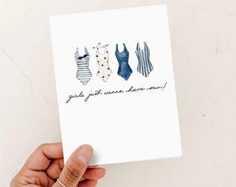 Carte Girls Just Wanna Have Sun, carte pour petite amie, carte pour ami, carte d'anniversaire de fille, carte nautique, carte de maillot de bain