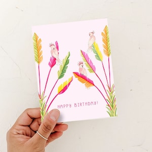 Roze verjaardagskaart, verjaardag verjaardagskaart, kaketoe roze vogels, tropisch, gelukkige verjaardag meisje, verjaardagskaart voor vriend,