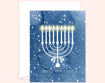 Happy Hanukkah Card, Menorah Card, Jewish Holiday Card, Watercolor Art Card