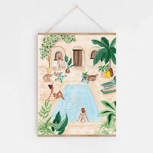 Tropical Print, Pool print wall art, Boho Chic  Women Swimming, Wall Decor, Painting Art Print, botanical art,