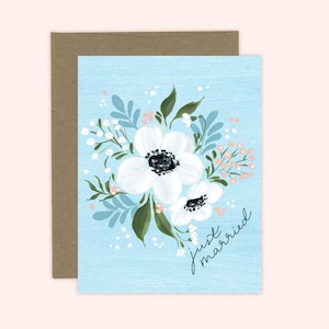 Just Married-kaart, gelukkige trouwdag, blauwe pas getrouwde kaart, pas getrouwde kaart, LGBTQ-kaart, huwelijk vieren
