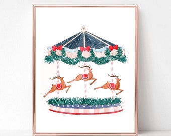 Christmas Wall Decor, Holiday Merry go Round, Reindeer, Watercolor Painting Art Print, Living Room Decor, fashion illustration