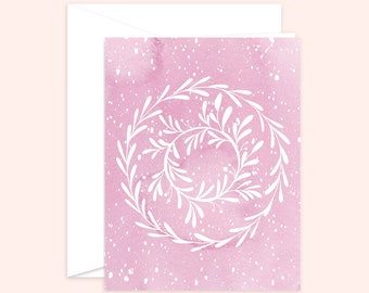 Pink Wreath Christmas Greeting Card - Snowy Holiday Card