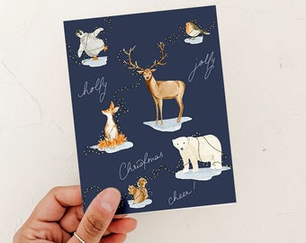 Holly Jolly Festive Animals Christmas Card, Christmas Whimsical Greeting Card blank card, watercolor deer
