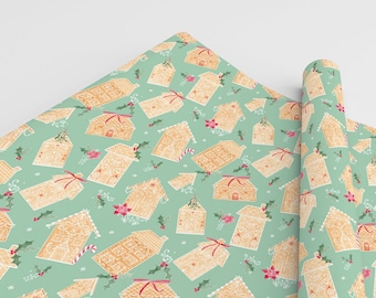 Gingerbread Land Holiday Wrapping Paper 3 Sheets, Pastel Green Christmas Gift Wrap 19x28 inches