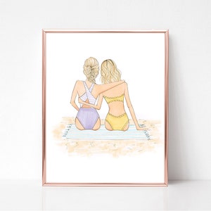 BFF beach fashion art print gift, hair color options available, summer, fashion illustration print