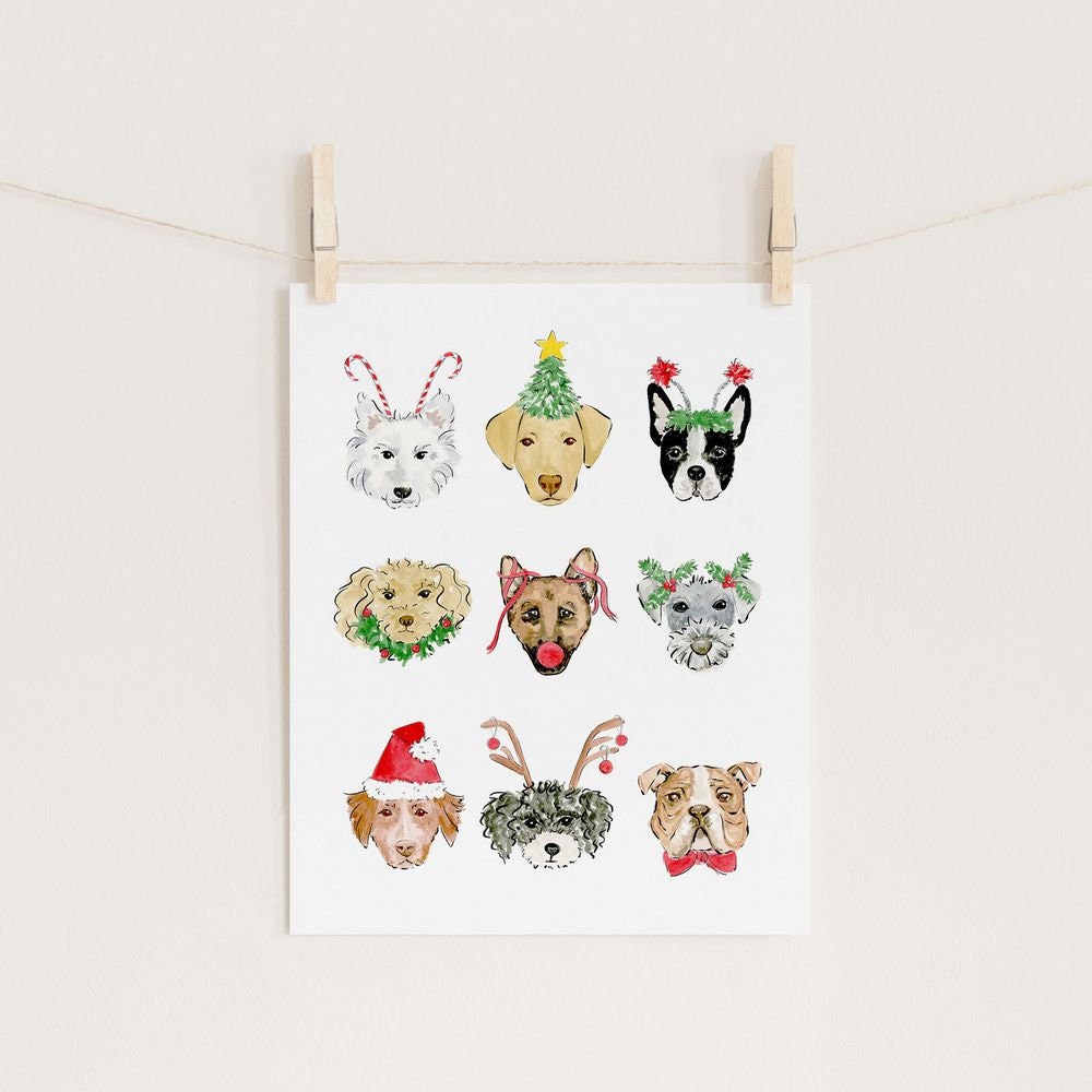 Christmas Dog Art (Christmas art print - holiday decor) Dog Lover Watercolor Gouache Painting, Festive Wall Art
