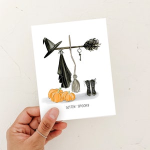 Carte de voeux d'Halloween, carte de voeux de garde-robe de sorcière, carte de joyeux Halloween,