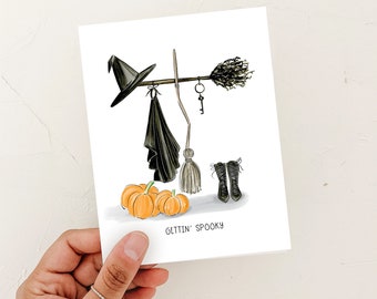 Carte de voeux d'Halloween, carte de voeux de garde-robe de sorcière, carte de joyeux Halloween,