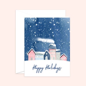 Carte de voeux pastel ville de Noël, carte de voeux de vacances, illustration de mode,