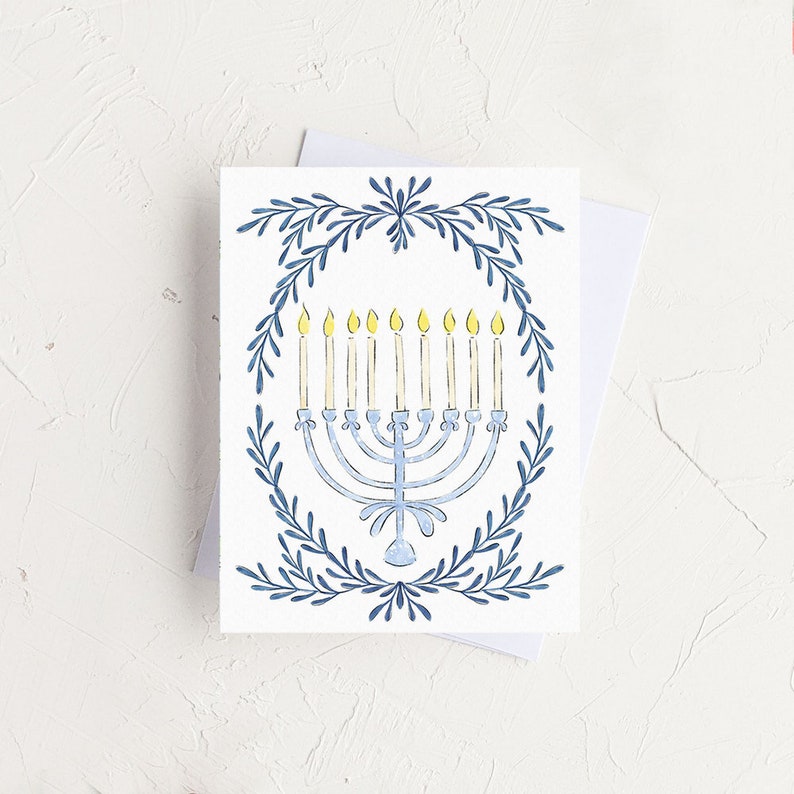 Happy Hanukkah Card, Menorah Card, Jewish Holiday Card, Watercolor Art Card image 2