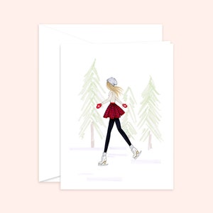 Tarjeta de felicitación de moda navideña, patinaje artístico, tarjeta navideña, ilustración de moda, tarjeta de felicitación, tarjeta de moda,