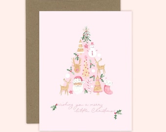 Pink Merry Little Christmas Card, Christmas Cute Pretty Christmas Greeting Card blank card, watercolor