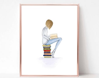 Hair options available Just a girl and her books- short hair, fashion illustration print, art print, sketch, croquis, book worm, bookworm