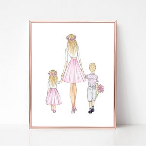 Semi Personalized Mothers day art print gift from son and daughter, fashion illustration family wall art