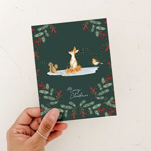 Tarjeta festiva navideña con zorro, tarjeta de felicitación navideña caprichosa con animales del bosque, tarjeta en blanco, oso polar de acuarela