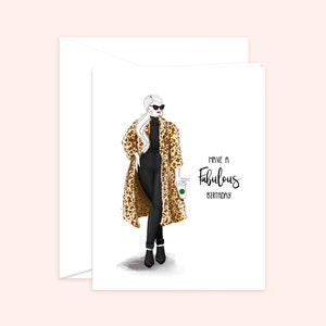 Carte d'anniversaire fabuleuse mode, carte d'anniversaire de fille, mode fille (illustration de mode à imprimé léopard) carte de voeux