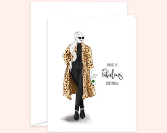 Carte d'anniversaire fabuleuse mode, carte d'anniversaire de fille, mode fille (illustration de mode à imprimé léopard) carte de voeux