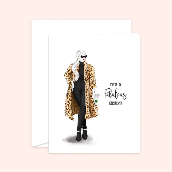 Fabulous fashion birthday card, Birthday Girl Card, Fashion Girl (leopard print fashion illustration) Greeting Card