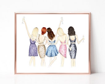 Cheers quintet! mix and match hair color, fashion illustration print, art print, sketch, croquis,