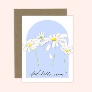 Daisy Feel Better Soon-wenskaart, beterschap blanco kaart, blauwe madeliefje bloemenkaart