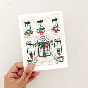 Kerstkaart, Brickstone Fashion Wreath-huiswenskaart, besneeuwd kersthuis, kerstmode-illustratie, seizoensgroeten