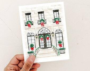Christmas Card, Brickstone Fashion Wreath house greeting card, Snowy Christmas house, Christmas fashion illustration, seasons greetings