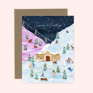 Cartão de boas festas para Ski Hill, Cartão de Natal para Ski Mountain, Cartão de Natal, Cartão de felicitações