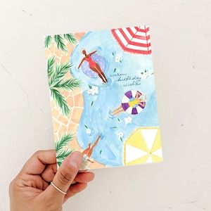 Tarjeta de cumpleaños, tarjeta de piscina tropical, tarjeta de cumpleaños boho chic, fiesta en la piscina, tarjeta de ilustración de moda, tarjeta de ensueño, cálida y de verano