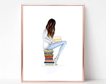 Fashion illustration book art print Hair options available : Just a girl and her books long hair, girl sitting on books book worm, bookworm
