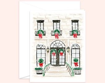 Brickstone Fashion Wreath house greeting card, Snowy Christmas house, Christmas fashion illustration, holiday, seasons greetings