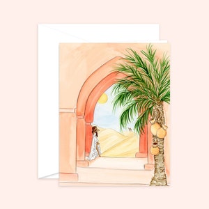 Carte de vœux de l’oasis du désert boho, carte vierge pour toute occasion, carte de remerciement, palmier d’inspiration marocaine lumineuse, carte de vœux de tous les jours