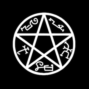 May include: A white pentagram with five points, each point containing a symbol. The pentagram is surrounded by a circle.