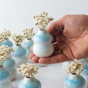 May include: Small, double-lobed ceramic vases with a blue and white gradient glaze, each holding dried white flowers. The vases are displayed on a white surface. The vases are approximately 7-8 cm tall.