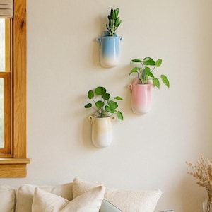 Wall Mount Planter Set of 3 Handmade Ceramic Wall Vases Hanging Pots for Short Flowers Unique Artistic Wall Decor and Mountable Flower Vases